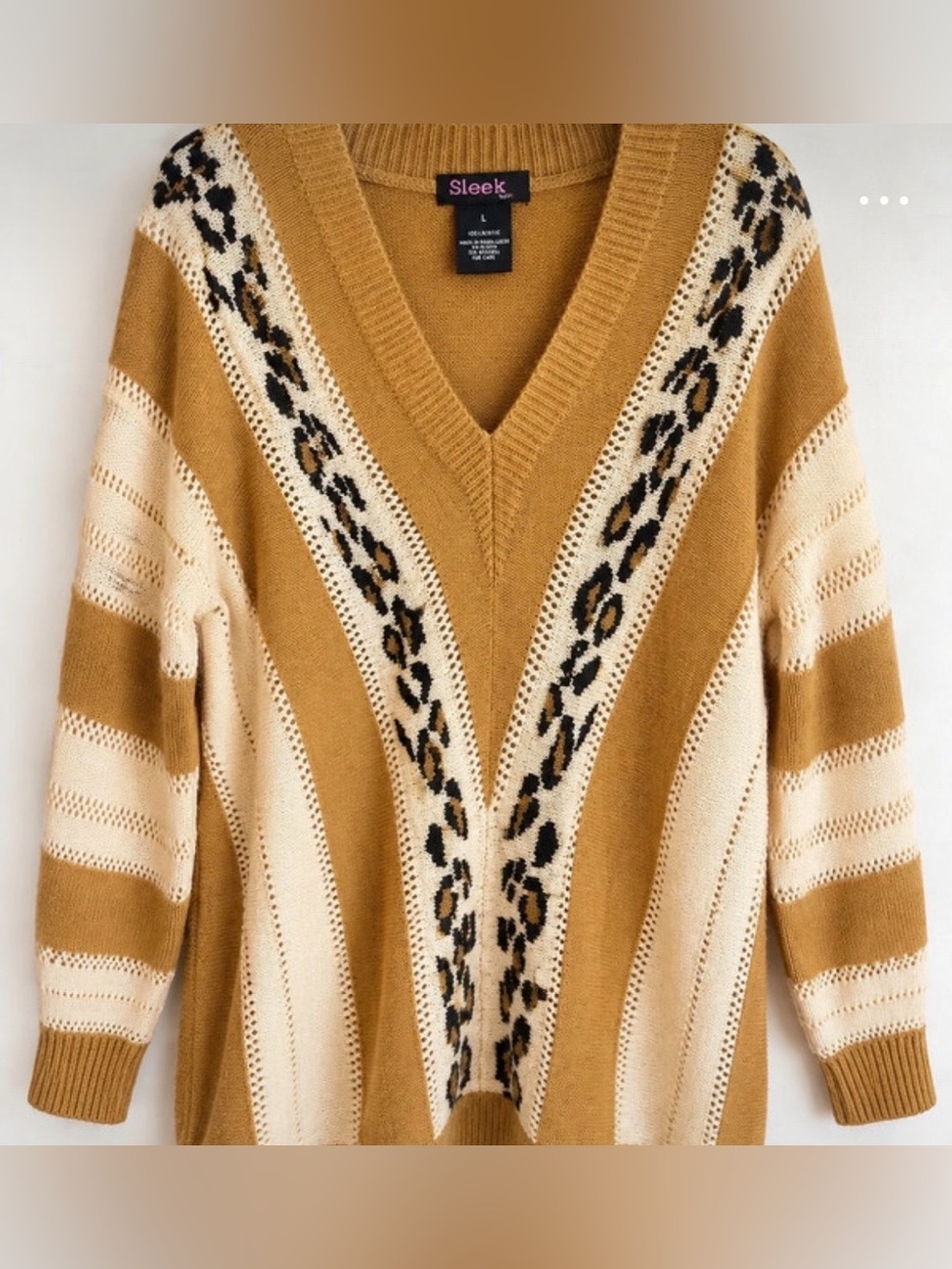 Lee Mustard & Cream V‑Neck Sweater with Leopard Stripe